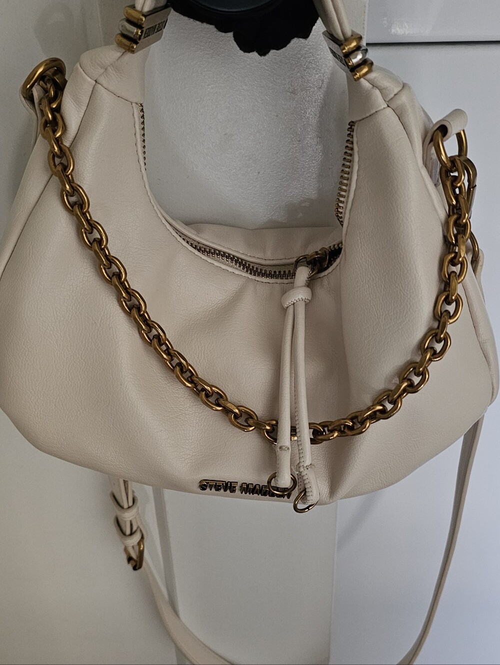 Steve Madden Cream Leather Hobo Bag with Gold Chain Strap